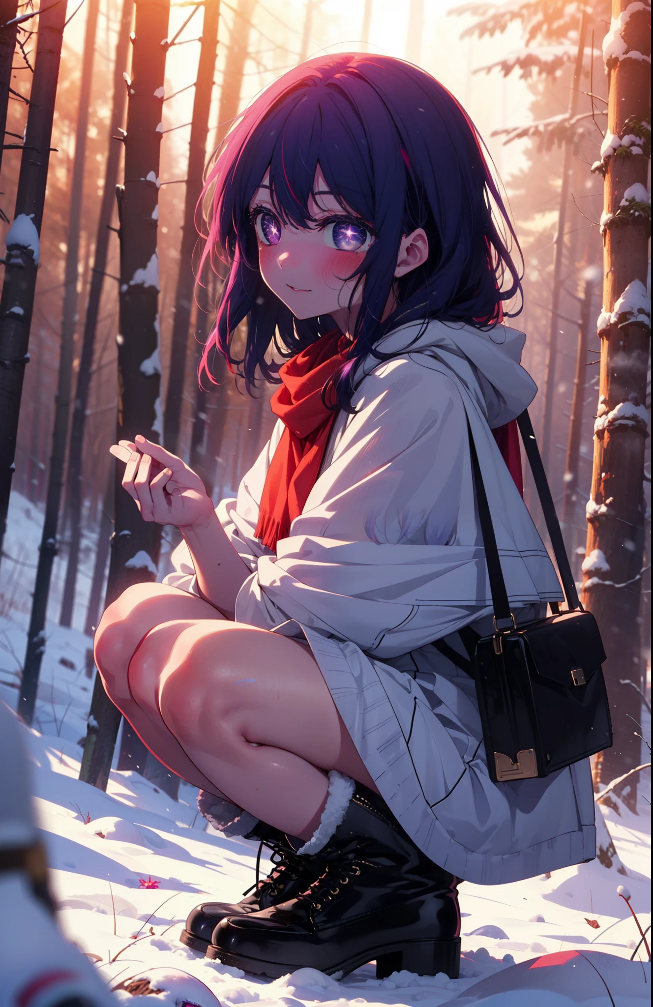 aihoshino, Ai Hoshino, Long Hair, bangs, (Purple eyes:1.1), Purple Hair, (Symbol-shaped pupil:1.5), smile,,smile,blush,white breath,
Open your mouth,snow,Ground bonfire, Outdoor, boots, snowing, From the side, wood, suitcase, Cape, Blurred, , forest, White handbag, nature, Squat, Mouth closed, Cape, winter, Written boundary depth, Black shoes, red Cape break looking at viewer, Upper Body, whole body, break Outdoor, forest, nature, break (masterpiece:1.2), Highest quality, High resolution, unity 8k wallpaper, (shape:0.8), (Beautiful and beautiful eyes:1.6), Highly detailed face, Perfect lighting, Extremely detailed CG, (Perfect hands, Perfect Anatomy),