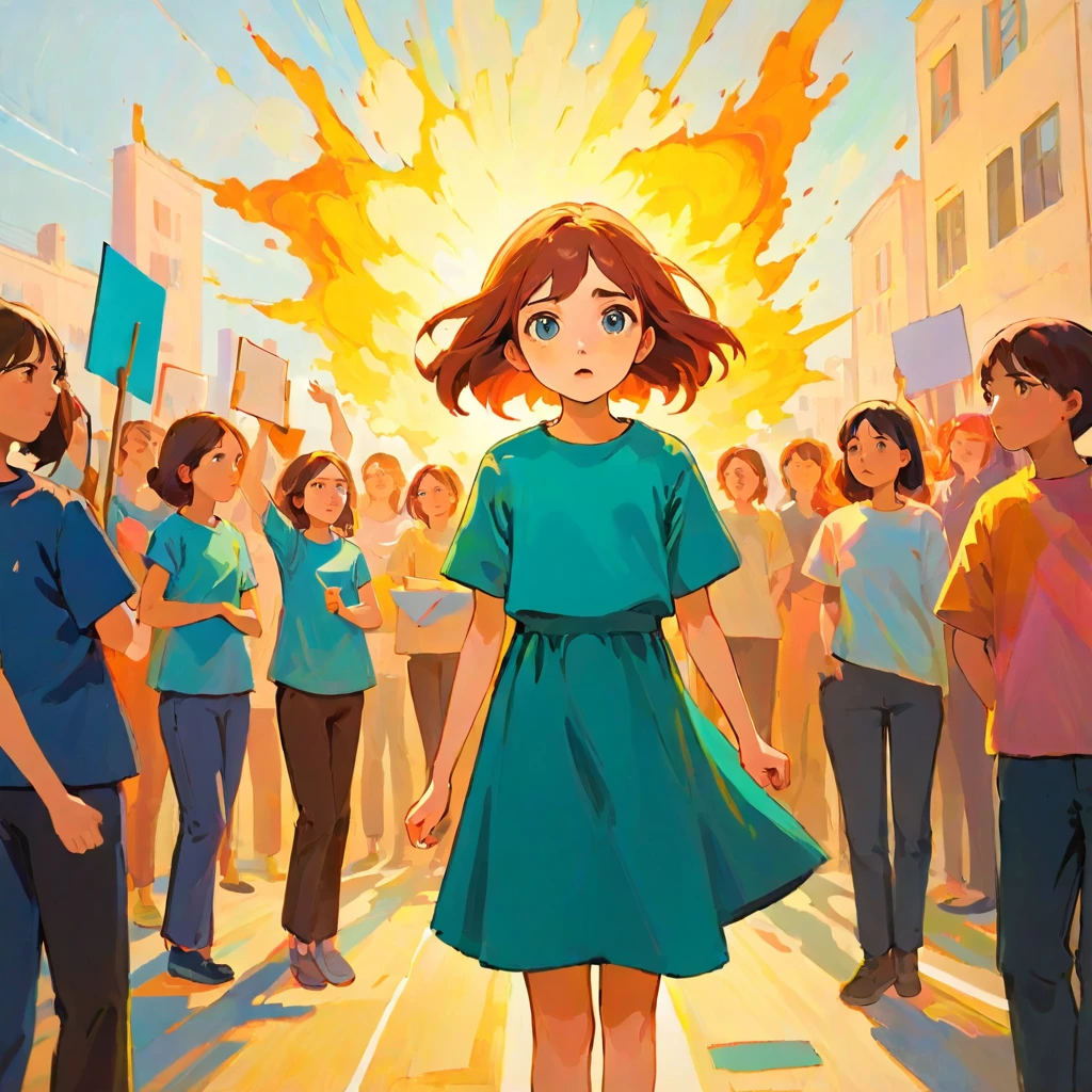 A girl leading a group protest, Amy Earls, abstract expressionism, Looks boring, gesture, Whimsical、Deformation、