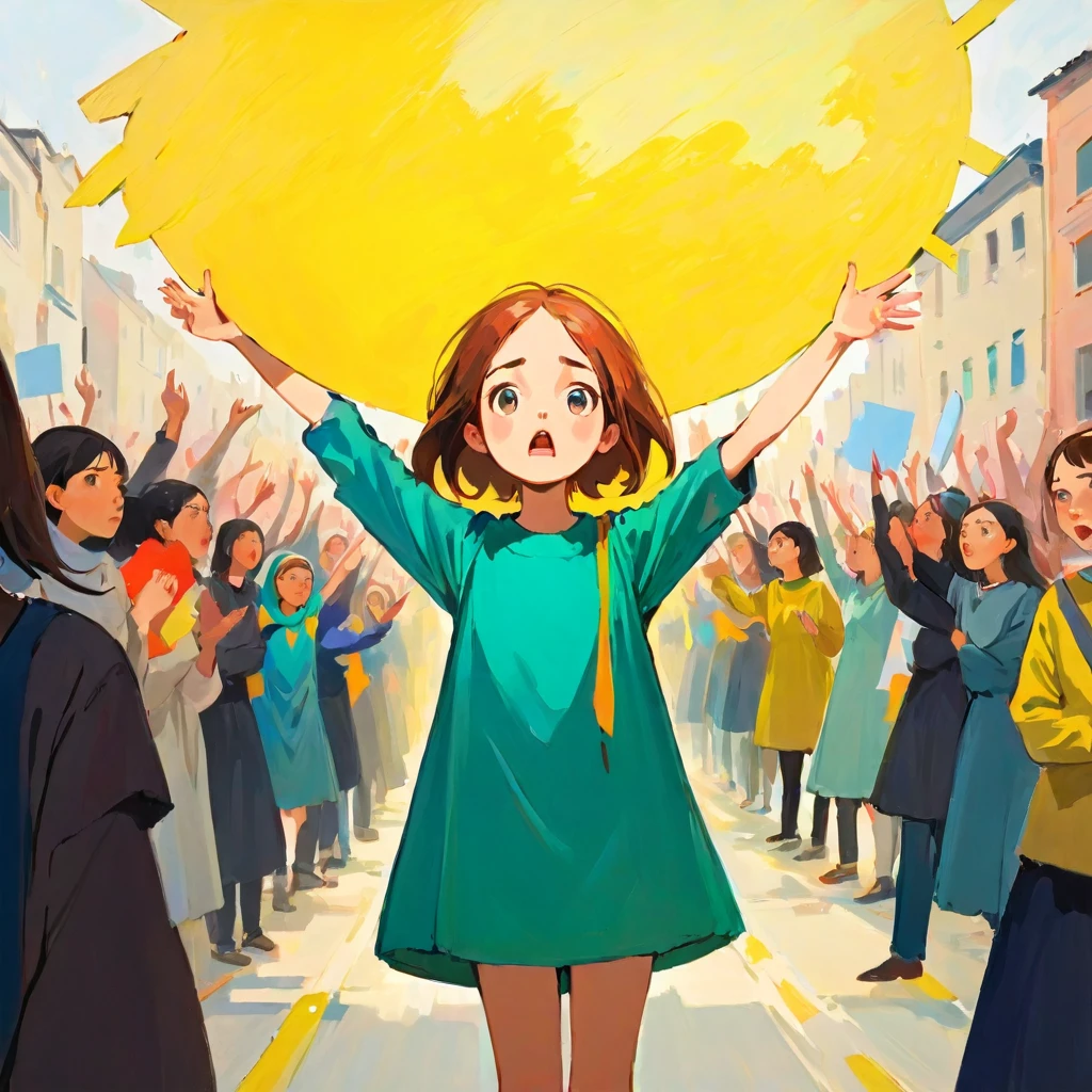 A girl leading a group protest, Amy Earls, abstract expressionism, Looks boring, gesture, Whimsical、Deformation、