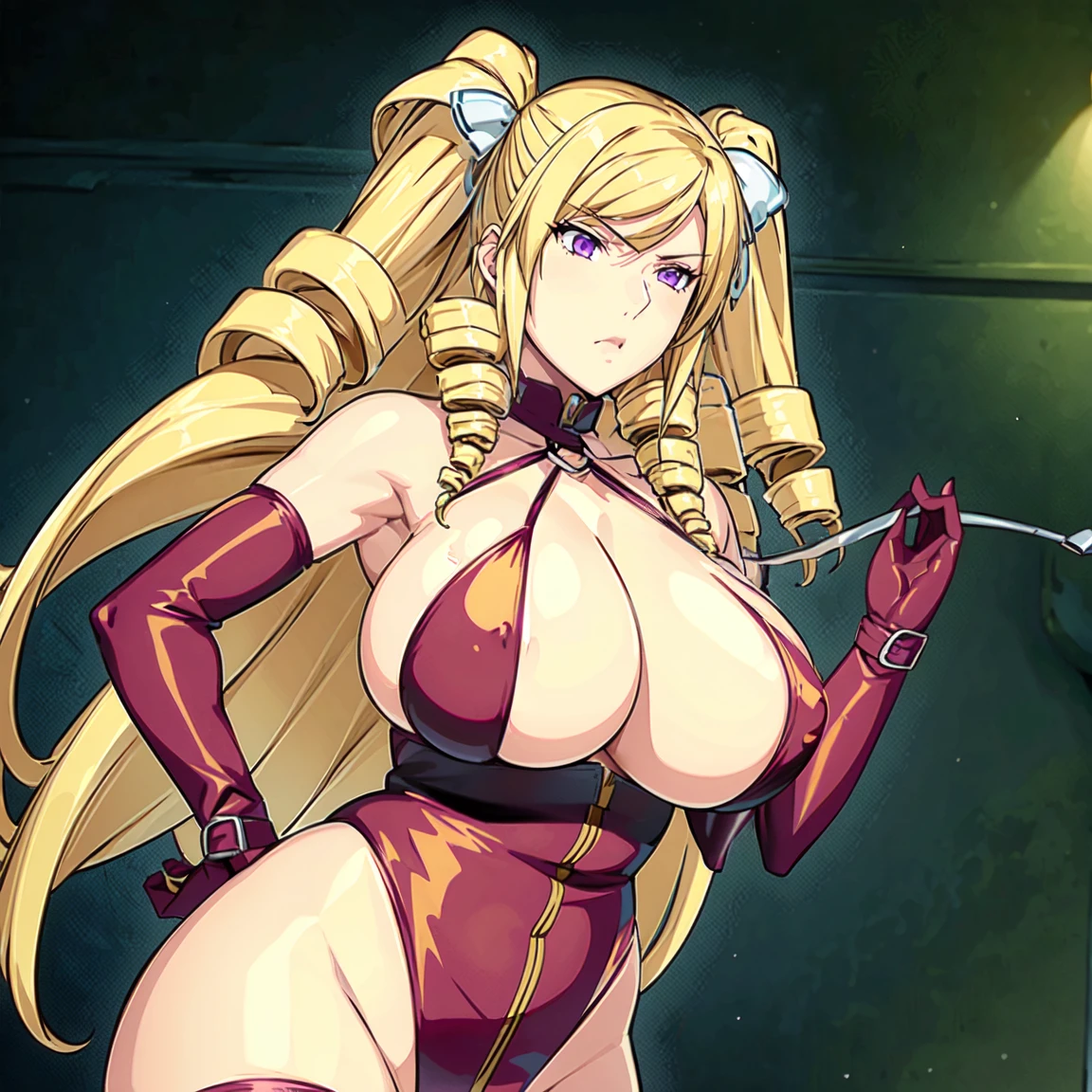 drill hair, hair ribbon, bondage, cleavage, large breasts, blonde hair, purple eyes, cleavage cut out, elbow gloves, thighhighs, adult face, fearless face, slant eyes, cowboy shot, (masterpiece, best quality:1.2),