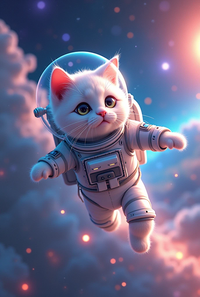 A galaxy background with a white astronaut cat flying in anime style 
