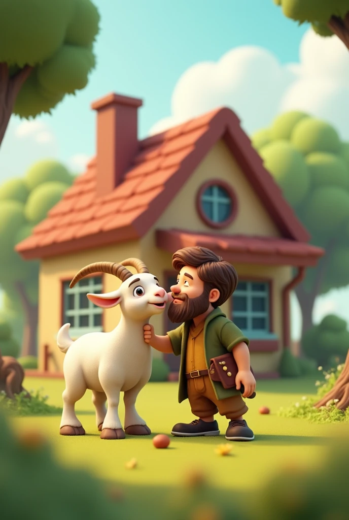 A house with some trees in the background and a man loving his goat in the front 3d cartoon images