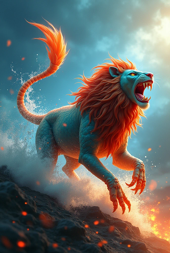 An animal that mixes the body of a colorful fish, lion's head and tail and, instead of paws, that has scorpion claws formed by water and a scorpion tail with a tip of fire and a stinger of fire. The background should be of the elements of water and fire mixed together.. The lion has to have its mouth open and attack with its tail over its head.. The animal must be in profile.