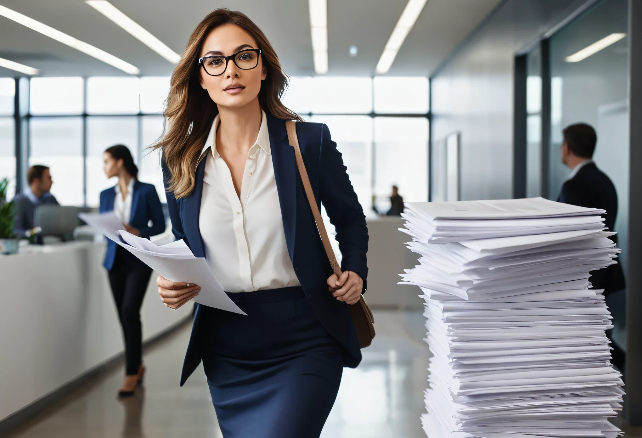 A captivating photo of a woman in a modern office, wearing glasses and casual clothes, as she confidently strides down a bustling hallway. She holds a towering stack of papers in her arms, while people dressed in formal attire rush by her. The office is adorned with sleek, modern decor, and the overall atmosphere is one of productivity and urgency. The woman's casual outfit and poised demeanor create a striking contrast against the backdrop of professionalism.