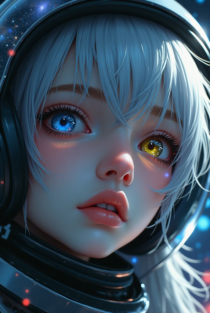 (Close-up of a better masterpiece:1.5)0.9], (Space and astronauts:1.2) (Messy silver hair:1.1) (Heterochromia xanthochromia and blue eyes:1.2) (Space Helmet:1.0) (Colored stars in the eyes:1.0) (A radiant glow:1.1) (thick lips:0.9)