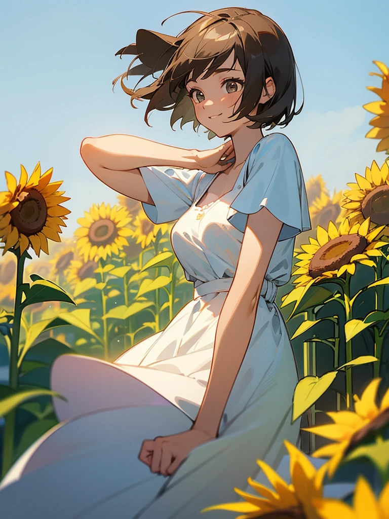 master piece, best quality, for below, cinematic angle, upper body , pigeon toed,
Anime-style Moe illustration, summer vacation theme, 20-year-old woman, sunflower field, short hair,
Picnic Maxi Dress, slightly inner thighs, smile, accurate drawing, Active pose, Active Angle,