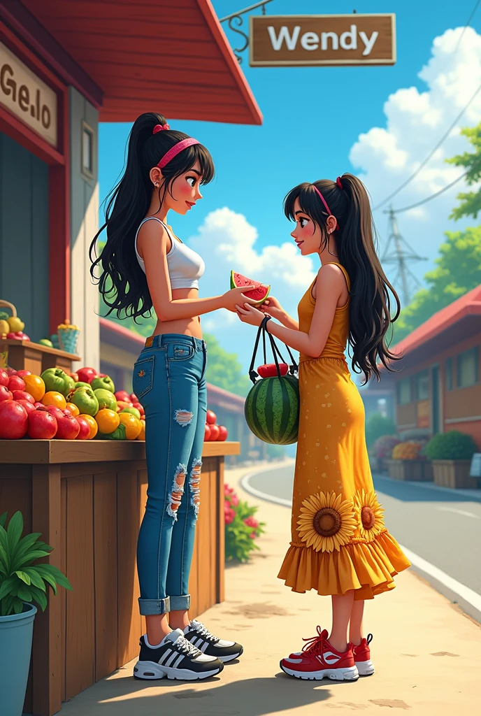 A tall white girl with thick lips black hair with red tied at a roadside fruit stand with more fruit stands wearing a short bag and torn pants and sports shoes on the sign says Wendy and below it says kilometers 26 and she is serving a customer in a sunflower dress and red shoes holding a watermelon and carrying a bag 