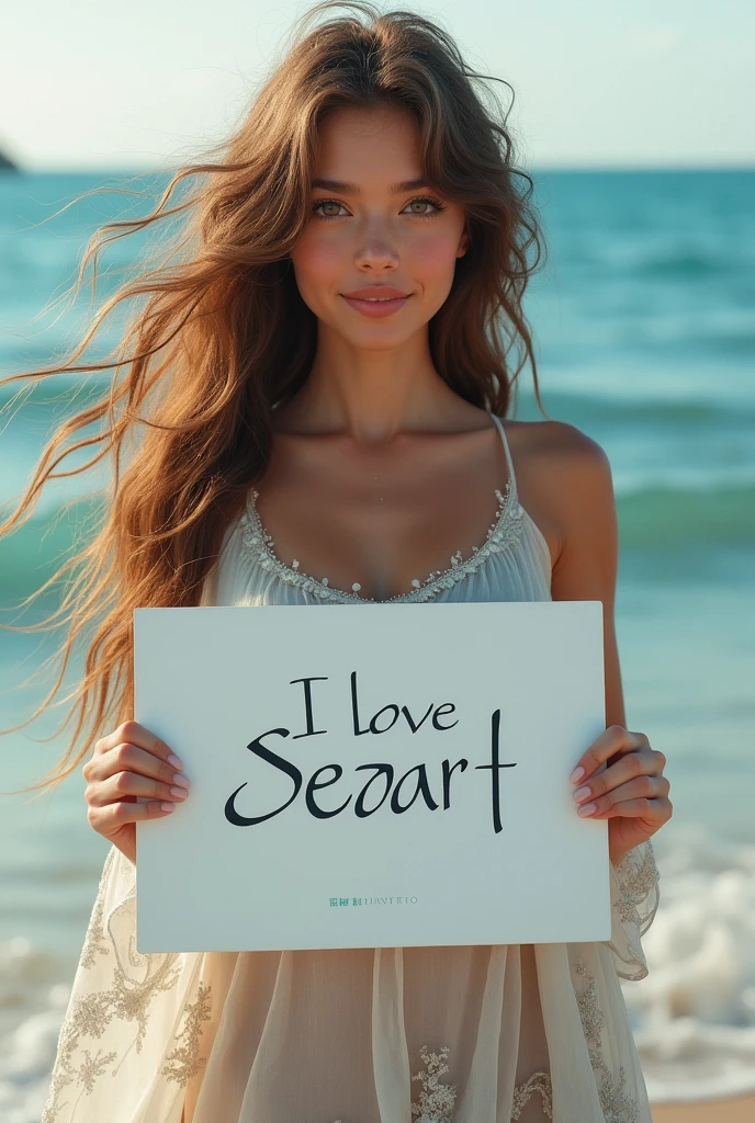 Beautiful girl with wavy long hair, bohemian dress, holding a white board with text "I Love Seaart Infinity" and showing it to the viewer