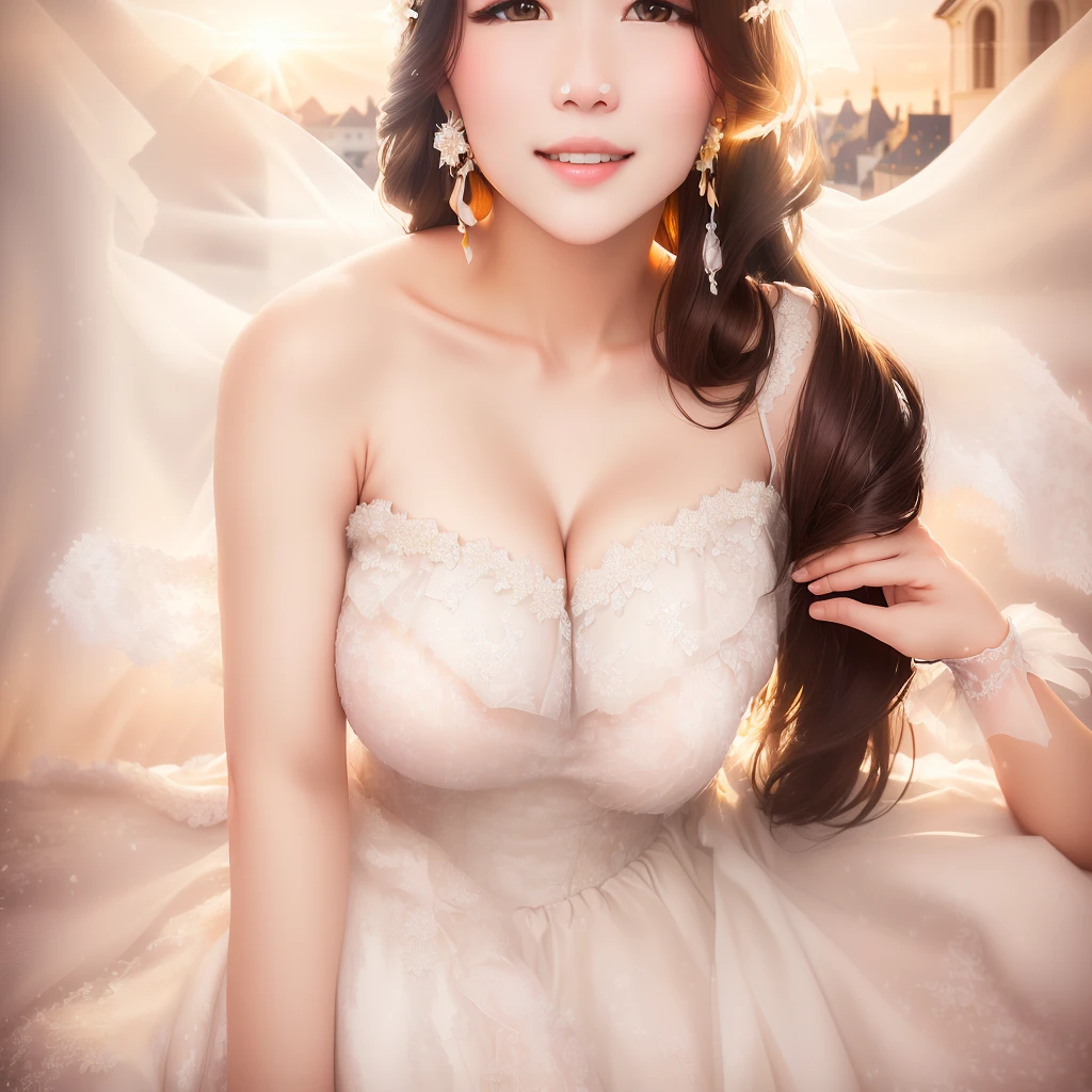 Beautiful 25 year old woman。She wore a summer wedding dress. She smiles in the evening light of the church . Romantic sunset. Her dark brown hair. high resolution、masterpiece、best quality、头w:1.0、((Hasselblad Photo))、Delicate skin、(Movie Lighting)、clavicle . Full body pictures.Huge breasts