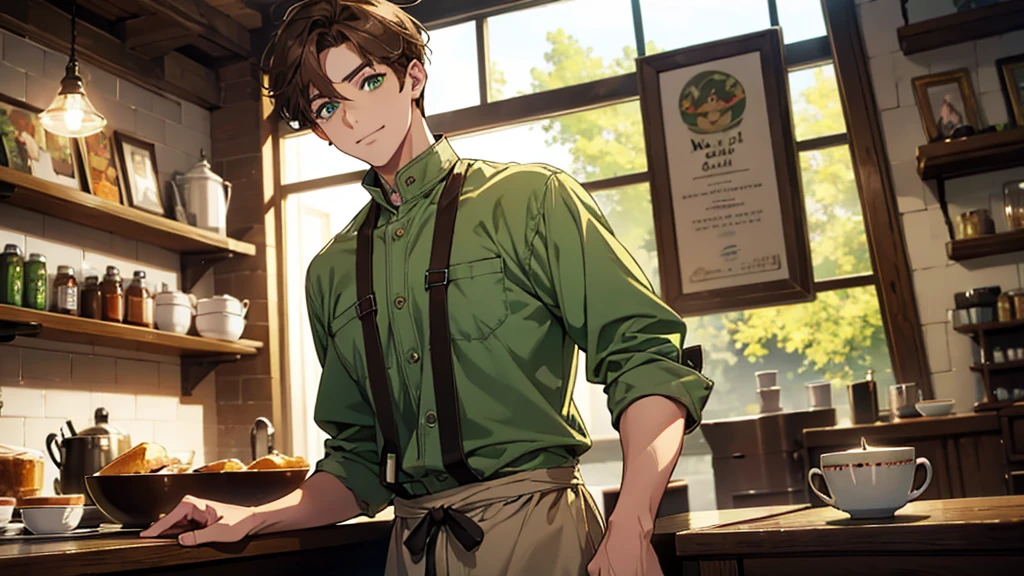 1 boy, brown hair, bright green eyes, smiley face, tall, lean, casual light colored clothes, looking at the viewer, cozy café, free hands, absurd res, high res, ultrasharp, 8k, masterpiece