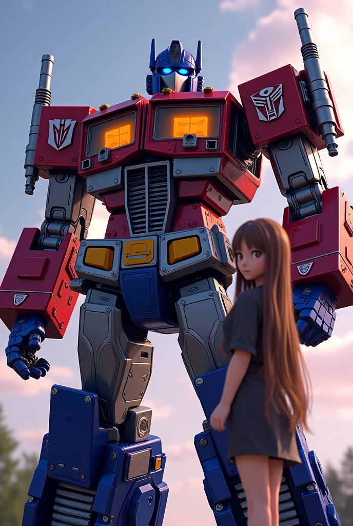 a highly detailed illustration of Optimus Prime, a heroic Autobot robot, standing next to Ruka Sarashina, a beautiful anime girl with long brown hair, intricate mecha design, striking lighting, cinematic composition, dynamic pose, vibrant colors, sci-fi setting, mechanical details, digital art, octane render, unreal engine, studio lighting, 8k, photorealistic