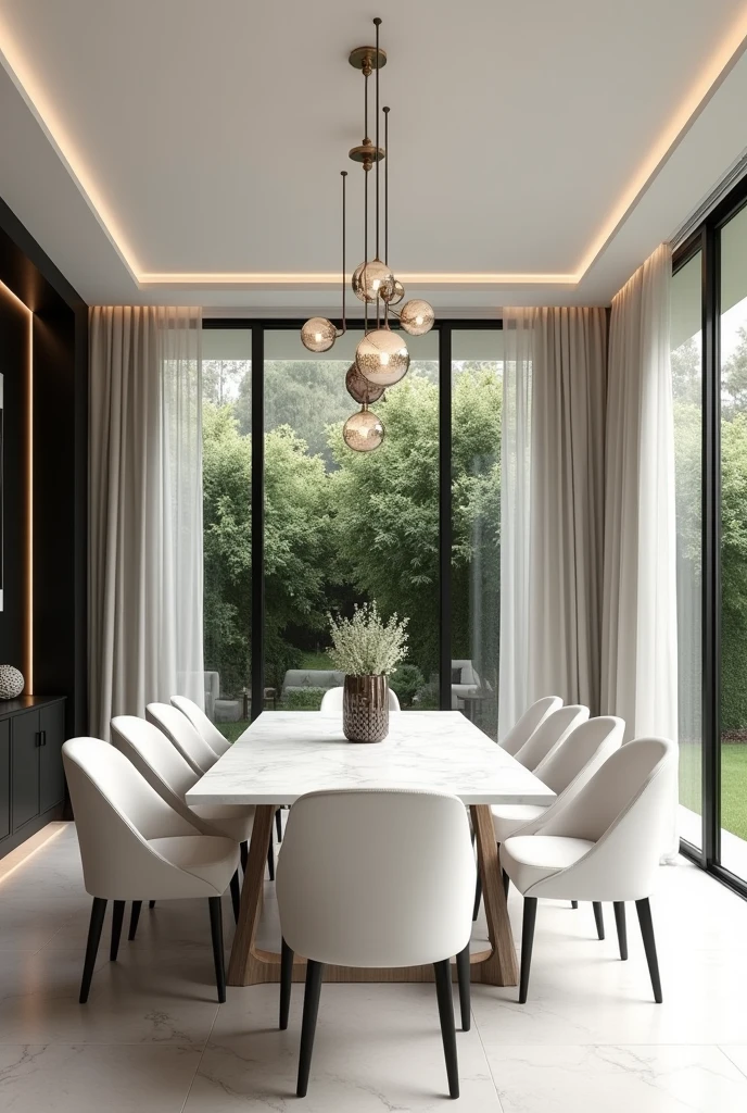 Professional 3d architecture rendering design of modern and minimal elegant white slab stone marble dining table and eight elegant velvet white chairs and elegant curtains and modern windows and modern green space and elegant accessories