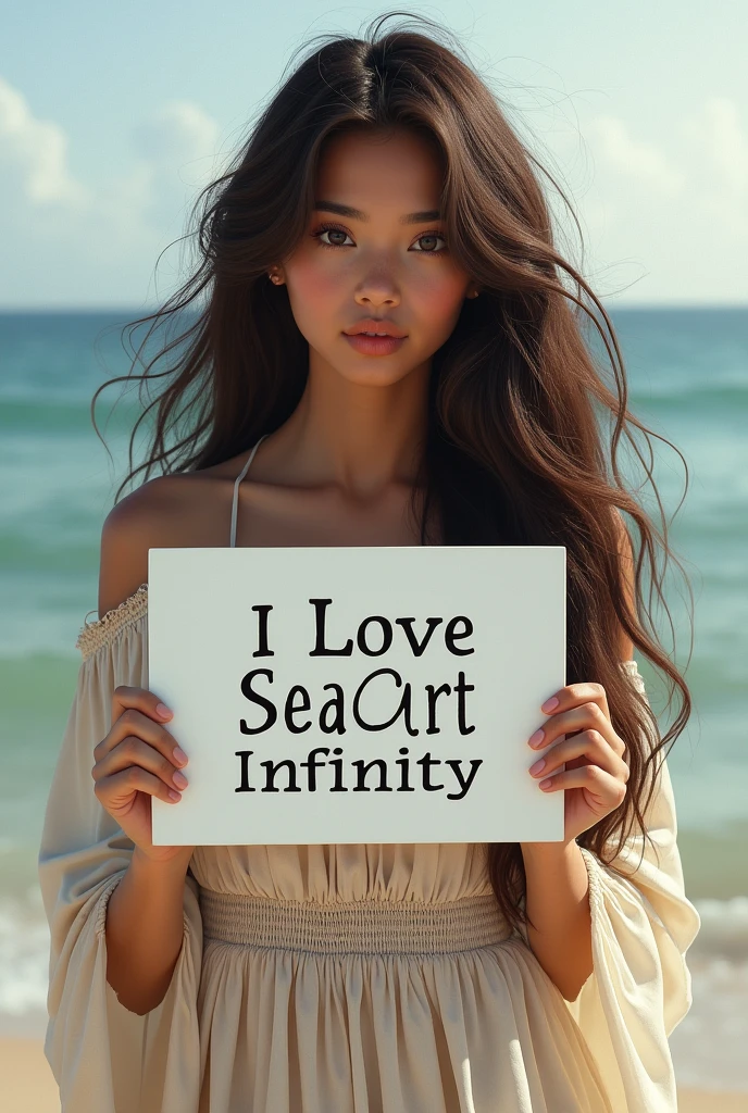 Beautiful girl with wavy long hair, bohemian dress, holding a white board with text "I Love Seaart Infinity" and showing it to the viewer