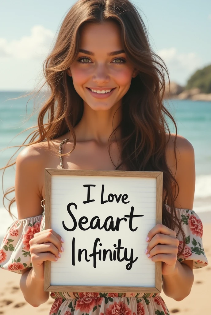 Beautiful girl with wavy long hair, bohemian dress, holding a white board with text "I Love Seaart Infinity" and showing it to the viewer