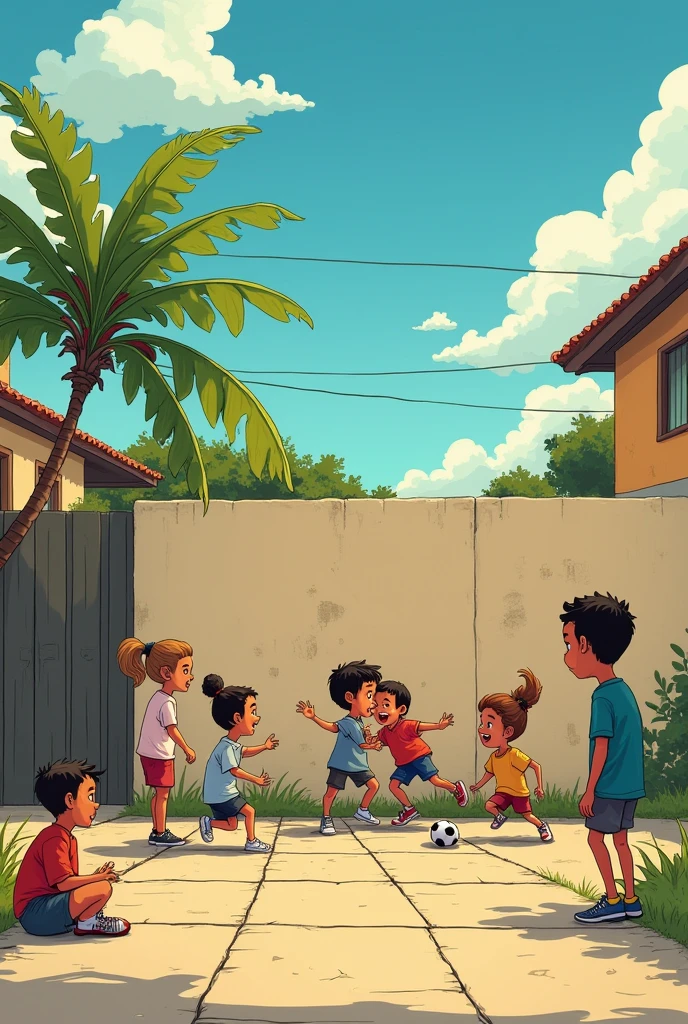 Keep the same character. Certo dia, Pedrinho was sitting on the sidewalk in front of his house and heard a very funny noise of children running and laughing a lot.. De vez em quando, I heard a poof, goal, tunti tudum. And guess what?? It was the sound of the ball hitting the feet of each of the friends., who then kicked the wall of the neighbor's house. The neighbor didn't even care, porque já estava acosgoalada.