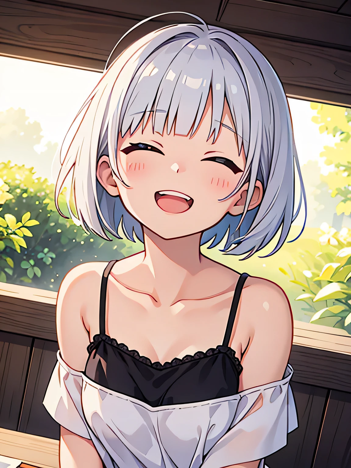 woman、camisole、G Cup、Silver Hair、Bobcut、from the front、laughing、Both eyes closed、Looking up
