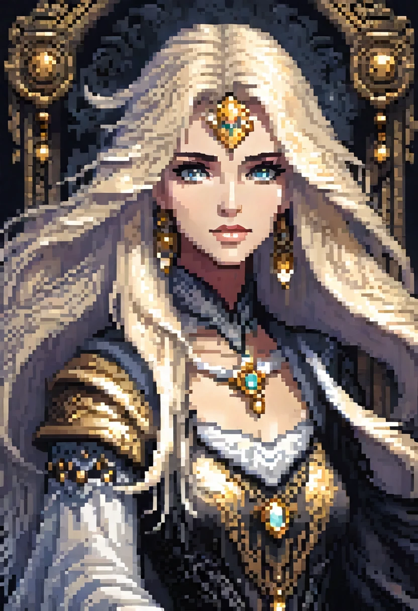 Create a pixel art image of Nylin, the Guardian of the Shadows. She must have an ethereal and imposing appearance., with long blond hair and a garment mixed with white fabric and gold carvings. Nylin must be shrouded in an aura of shadows, with his body partially hidden in the darkness, demonstrating his ability to manipulate the forces of darkness. Your eyes should glow with a mysterious tone, and its bearing must convey both elegance and threat. The background should be simple, highlighting her figure and the dark aura that surrounds her.