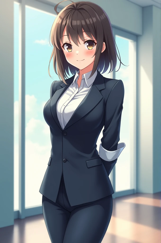 an anime girl dressed as a secretary, with hands behind back, rolled up sleeves and a steep perspective