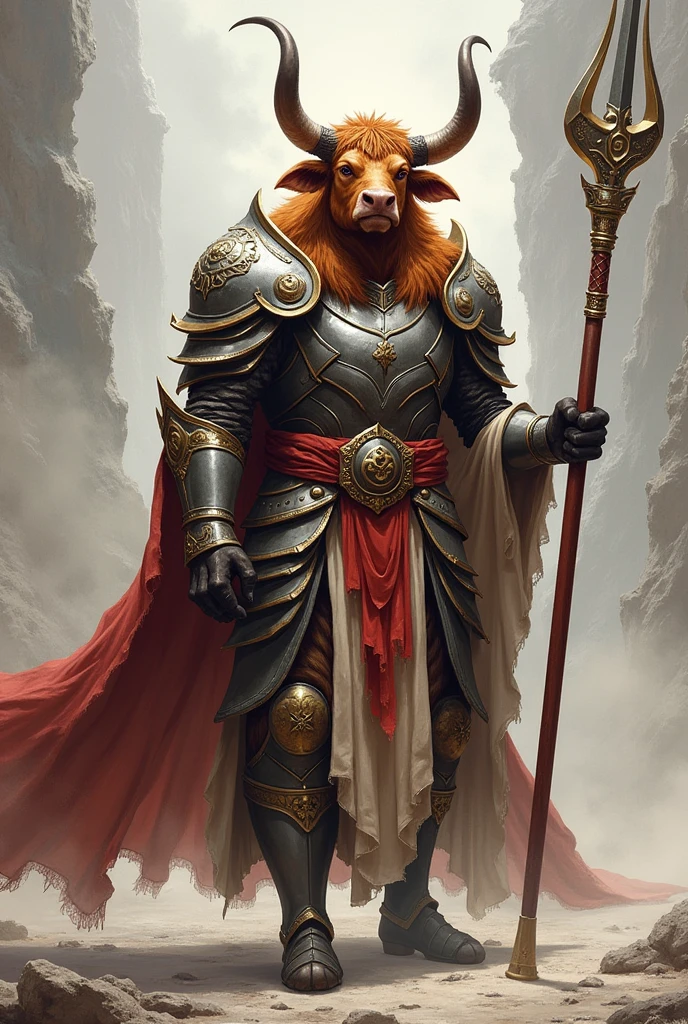 Minotaur in Greek mythology，Wearing cleric armor，Inspired by the Classic of Mountains and Seas，cow head，cow horn，armor，Long-handled weapon，silver shiny longspear，ginger fur, Anthropomorphic paladin cow，Traditional Chinese concept art