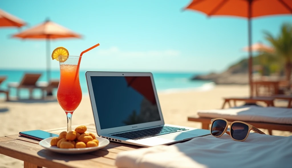 There are parasols and sunbeds on the sandy beach., There is a laptop on the table next to the sunbed., There's a straw next to my laptop, a cool cocktail garnished with lemon, sunglasses and a smartphone., There are some delicious looking snacks on the plate.. The laptop is closed and some exciting music is playing on the smartphone..