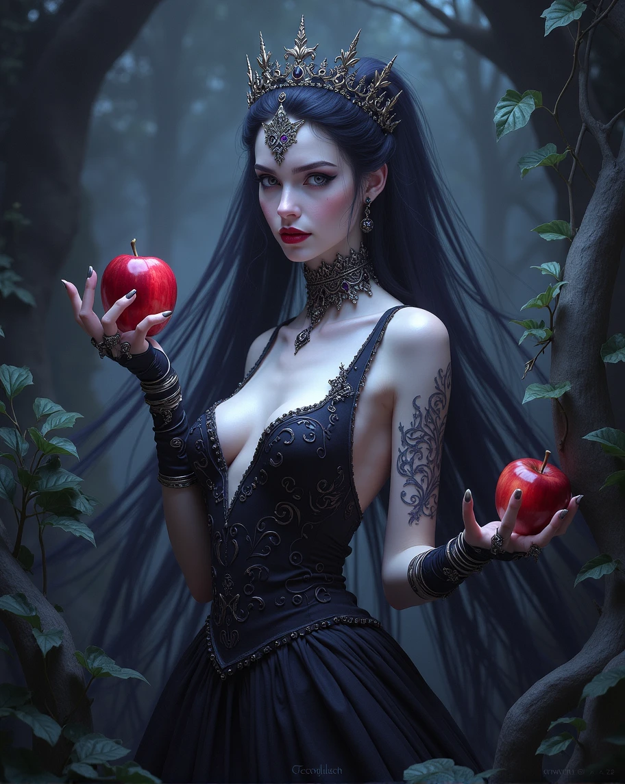 Girl,Black long hair，Black Queen，accessories，Apple in hand，Poison apples，Witch Queen，Red lipstick