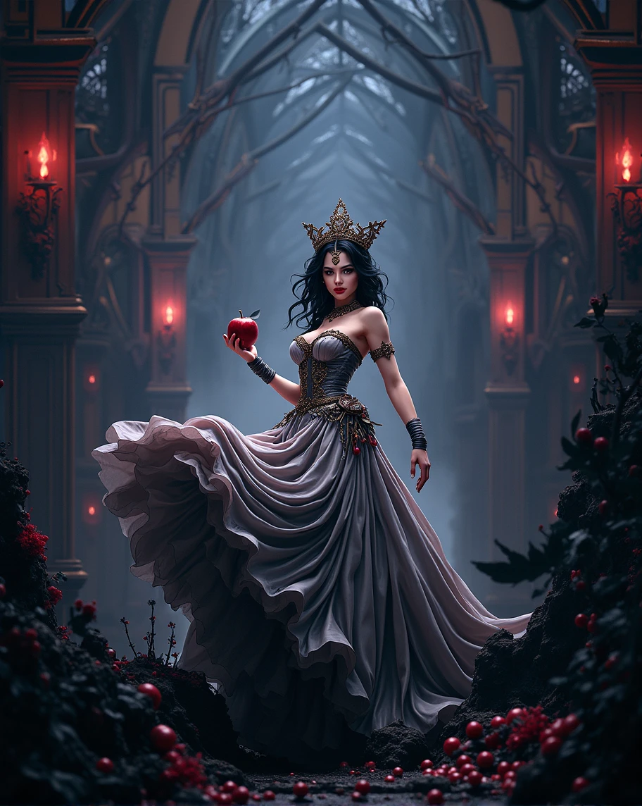Girl,Black long hair,Black Queen,accessories,Apple in hand,Poison apples,Witch Queen,Red lipstick