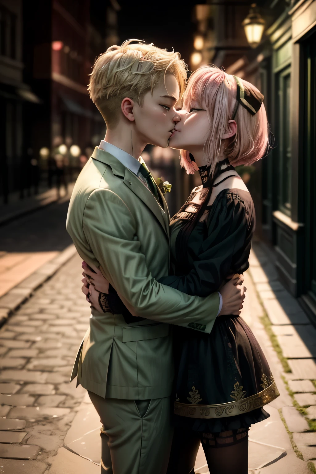 (masterpiece, best quality:1.2), high resolution, intricate details, extremely detailed, realistic and sharp details, (full body), hetero, couple, ((Anya Forger, anya_forger_spyxfamily, anime_style, pink hair, short bob hair, hairpods, green eyes, choker, white blouse, white skirt, 10 yo female child, look up)), ((1boy, Loid Forger, blonde hair, wearing light green business suit)), ((couple hugging each other and kissing)), detailed face, detailed eyes, pale skin, photo background, outdoors, 