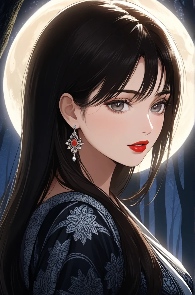 high quality, 8K Ultra HD, paintings with a Victoria Frances-like atmosphere, (holding Deepak), Detailed illustration of a fantastic beautiful woman, (beautiful face), (mature woman), perfect face, perfect eyes, perfect nose, perfect lips, paintings with a mysterious touch, outdoor background, (dark forest background), (night), full moon, awesome full color, little smile, (red lips), blush on face, (blush), ((silver eyes)), (((silver eyes))),((dark brown hair)), (((wearing a black and white silk saree with intricate patterns))), ((red bindi between the eyebrows)), (((red bindi))), cinematic blue tone, cinematic colour grading ,long earrings, sagging breasts , cleavage