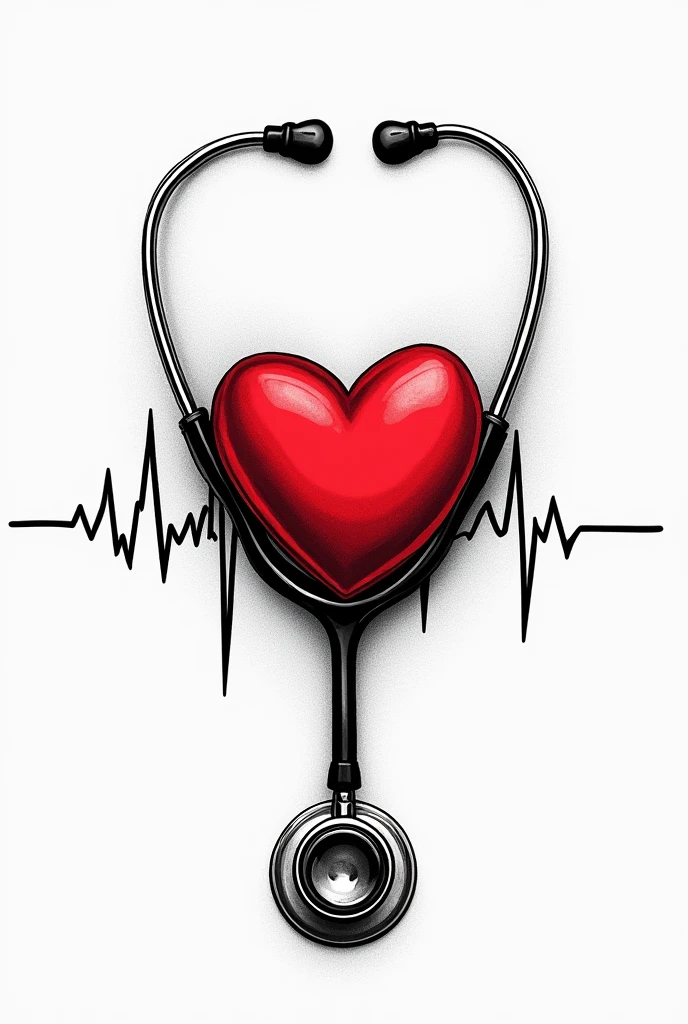 A black and white tattoo idea with stethoscope, normal ecg wave and a red heart all connected in one frame.