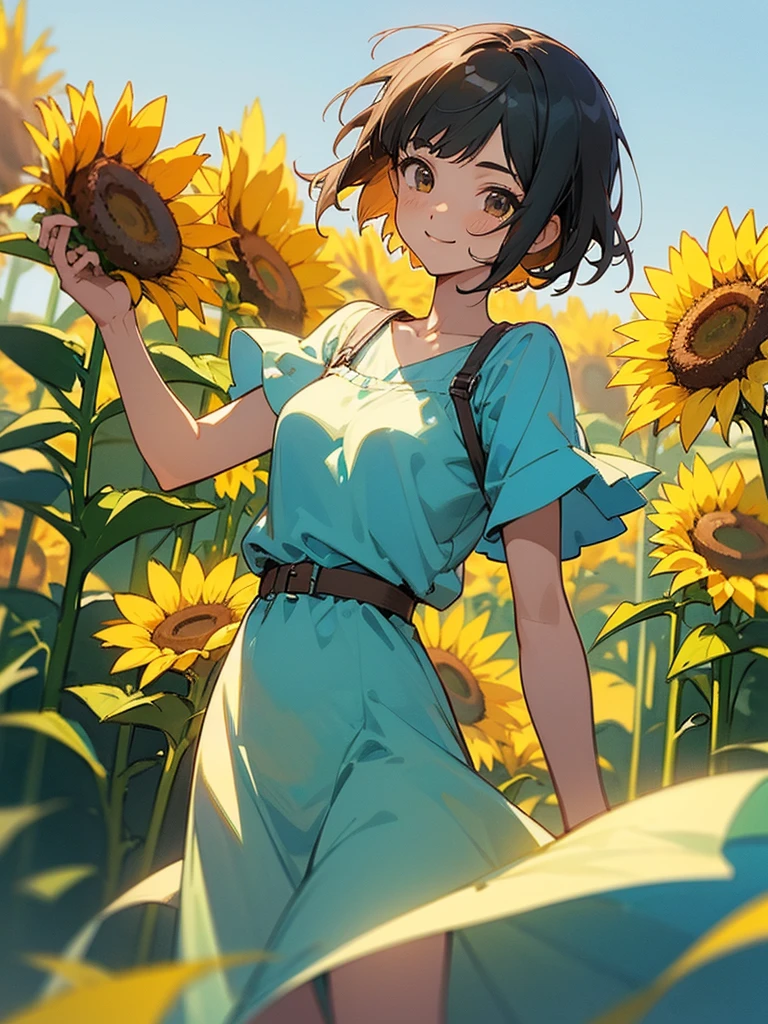 master piece, best quality, for below, cinematic angle, upper body , pigeon toed,
Anime-style Moe illustration, summer vacation theme, 20-year-old woman, sunflower field, short hair,
Picnic Maxi Dress, slightly inner thighs, smile, accurate drawing, Active pose, Active Angle,