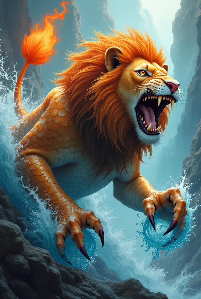 An animal that mixes the body of a colorful fish, lion's head and, instead of paws, that has scorpion claws formed by water and a scorpion tail with a tip of fire and a stinger of fire. The background should be of the elements of water and fire mixed together.. The lion has to have its mouth open and attack with its tail over its head.. The animal must be in profile.