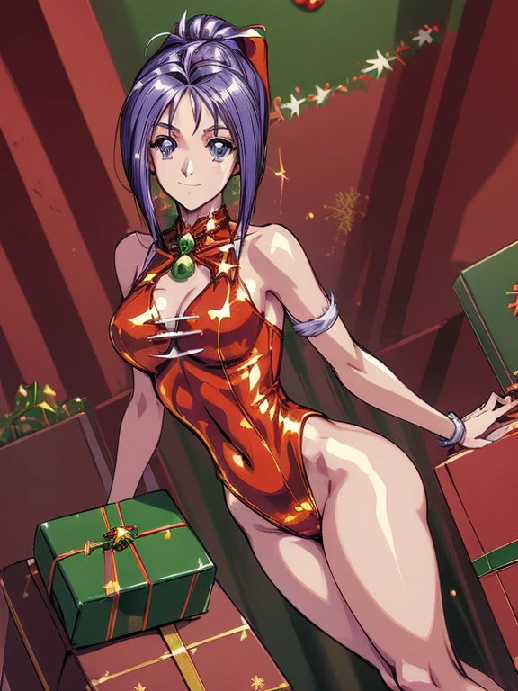 ((masterpiece)),((Ayako Katagiri)),((Katagiri Ayako)),((Mischievous Smile)),Anatomically perfect fingers,(((Christmas))),(((Santa Claus Costume))),winter,Separate costumes,Exposed navel,sexy,Exposed shoulders