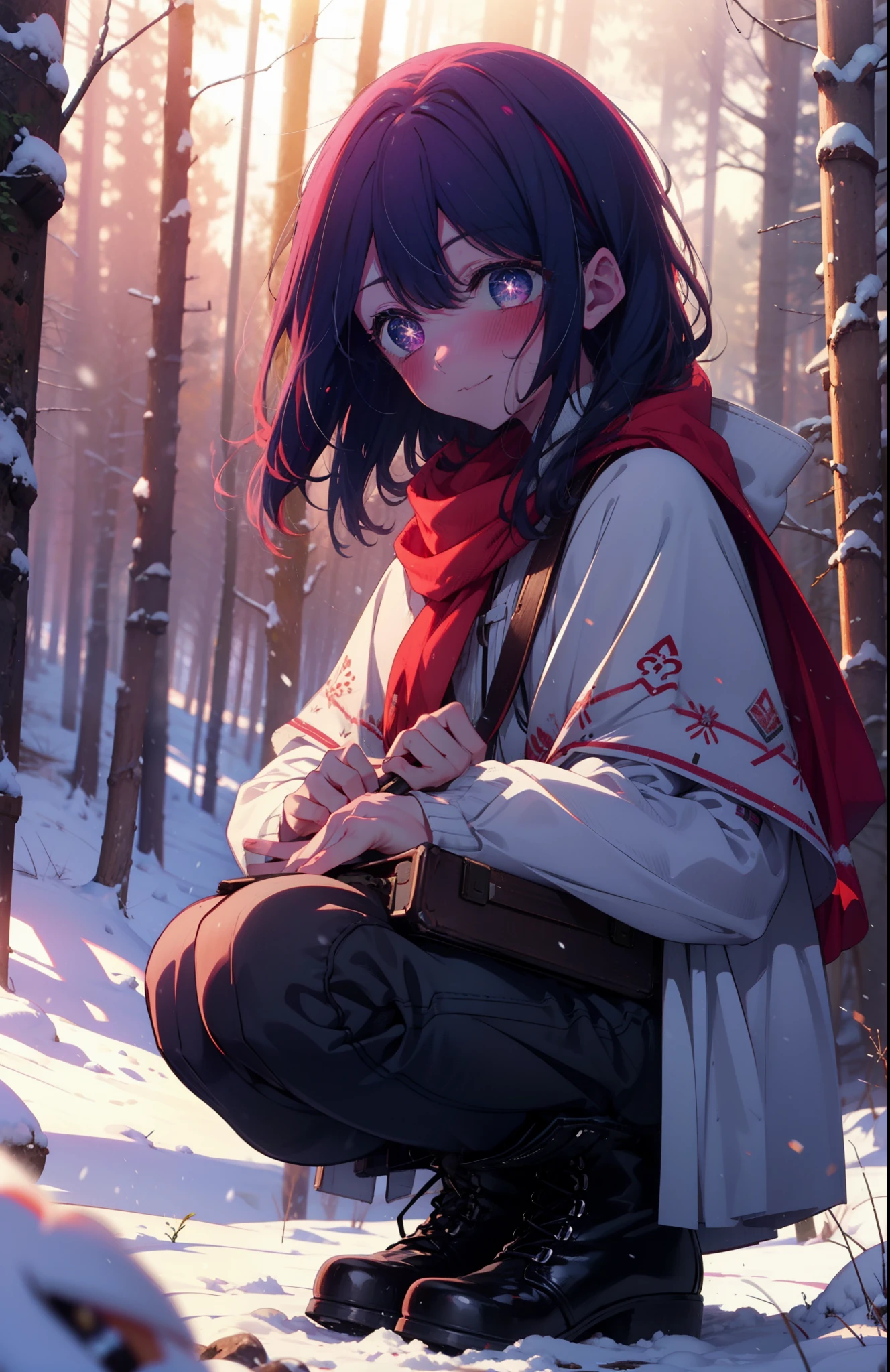 aihoshino, Ai Hoshino, Long Hair, bangs, (Purple eyes:1.1), Purple Hair, (Symbol-shaped pupil:1.5), smile,,smile,blush,white breath,
Open your mouth,snow,Ground bonfire, Outdoor, boots, snowing, From the side, wood, suitcase, Cape, Blurred, , forest, White handbag, nature, Squat, Mouth closed, Cape, winter, Written boundary depth, Black shoes, red Cape break looking at viewer, Upper Body, whole body, break Outdoor, forest, nature, break (masterpiece:1.2), Highest quality, High resolution, unity 8k wallpaper, (shape:0.8), (Beautiful and beautiful eyes:1.6), Highly detailed face, Perfect lighting, Extremely detailed CG, (Perfect hands, Perfect Anatomy),