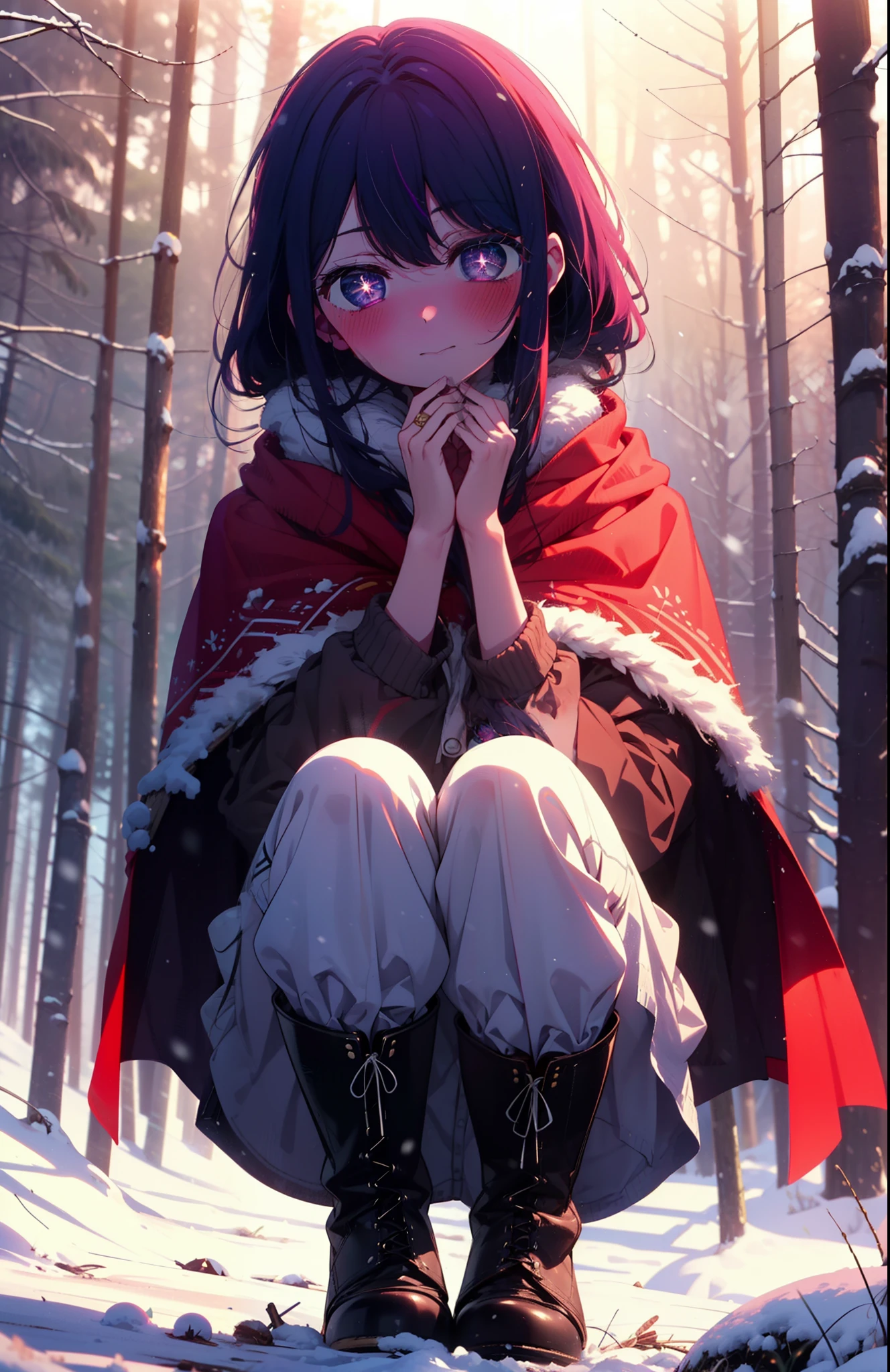 aihoshino, Ai Hoshino, Long Hair, bangs, (Purple eyes:1.1), Purple Hair, (Symbol-shaped pupil:1.5), smile,,smile,blush,white breath,
Open your mouth,snow,Ground bonfire, Outdoor, boots, snowing, From the side, wood, suitcase, Cape, Blurred, , forest, White handbag, nature,  Squat, Mouth closed, Cape, winter, Written boundary depth, Black shoes, red Cape break looking at viewer, Upper Body, whole body, break Outdoor, forest, nature, break (masterpiece:1.2), Highest quality, High resolution, unity 8k wallpaper, (shape:0.8), (Beautiful and beautiful eyes:1.6), Highly detailed face, Perfect lighting, Extremely detailed CG, (Perfect hands, Perfect Anatomy),