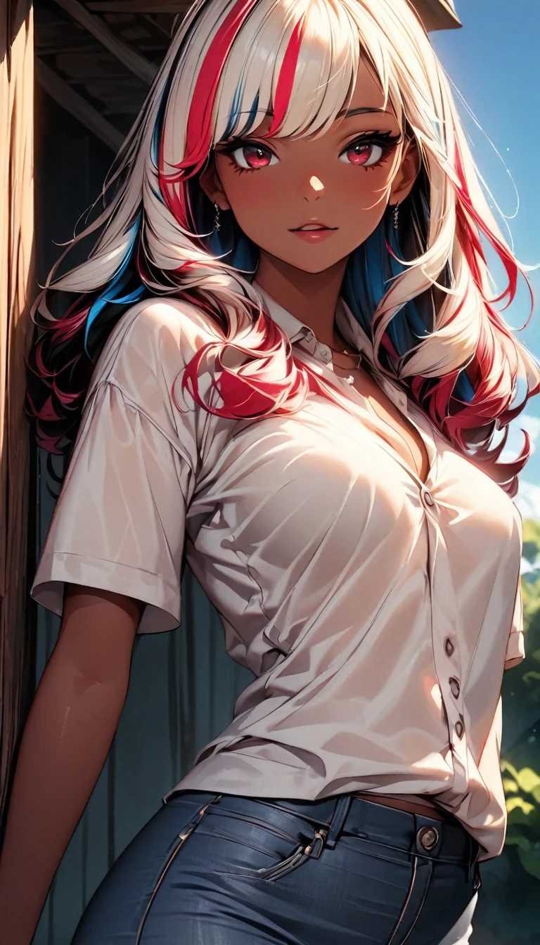 (highest quality:1.2, Very detailed, up to date, Vibrant, Ultra-high resolution, High Contrast, masterpiece:1.2, highest quality, Best aesthetics), Portraiture、girl、singer, solo, ((25-years-old:1)), Bright colors, Beautiful fine details、Beautiful lip detail、medium wave hair、red and white ((streaked hair:1.6)), highlights hair: 1.5, red eyes, slim body, medium breast, (tan skin:1.1), (Floral Fineline tattoo design on left arm:1), ((sexy cowgirl:1.5)), (yellow cowboy hat:1.5), short sleeve plaid shirt, jeans, farm house, blue sky, (cowboy shot:1.6),