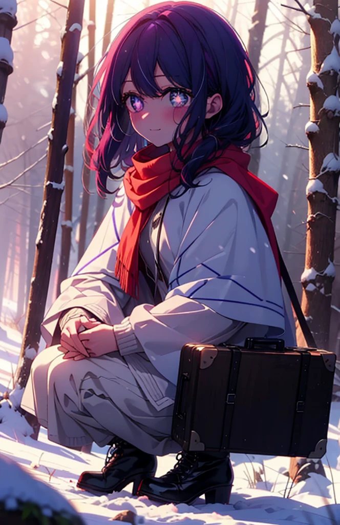 aihoshino, Ai Hoshino, Long Hair, bangs, (Purple eyes:1.1), Purple Hair, (Symbol-shaped pupil:1.5), smile,,smile,blush,white breath,
Open your mouth,snow,Ground bonfire, Outdoor, boots, snowing, From the side, wood, suitcase, Cape, Blurred, , forest, White handbag, nature,  Squat, Mouth closed, Cape, winter, Written boundary depth, Black shoes, red Cape break looking at viewer, Upper Body, whole body, break Outdoor, forest, nature, break (masterpiece:1.2), Highest quality, High resolution, unity 8k wallpaper, (shape:0.8), (Beautiful and beautiful eyes:1.6), Highly detailed face, Perfect lighting, Extremely detailed CG, (Perfect hands, Perfect Anatomy),