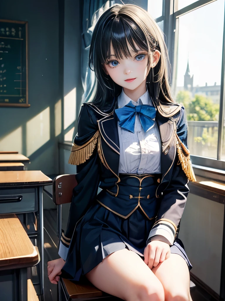 masterpiece, high quality, 最high quality, beautiful, High resolution, Realistic, Perfect lighting, Detailed face, Detailed body, 1 person, Black Hair, blue eyes, Girlishness, Fantasy JK uniform, (Bright expression: 1.5) (Face Natural: 1.5), sitting in classroom