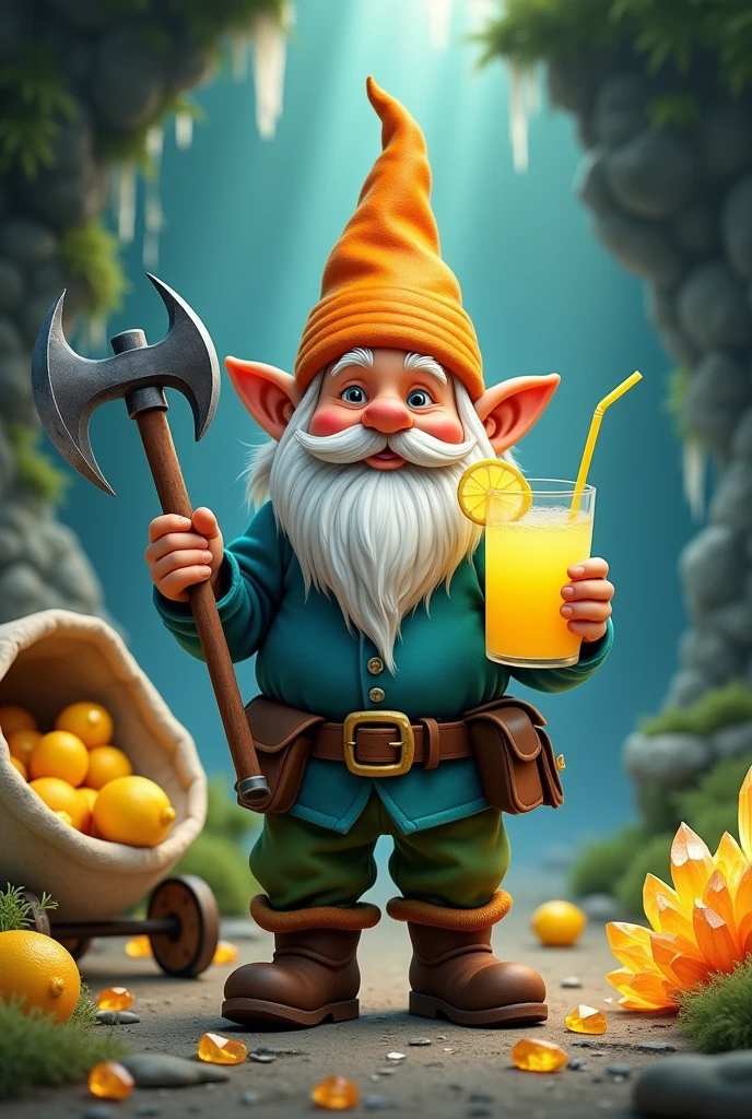 gnome with green pants, shirt blue, orange hat brown boots and belt holding pickaxe and glass of lemonade a slice of lemon inside the glass straw in the glass shiny gemstones around cart full of citrine quartz bag full of citrine quartz and lemons crystal cave environment 
