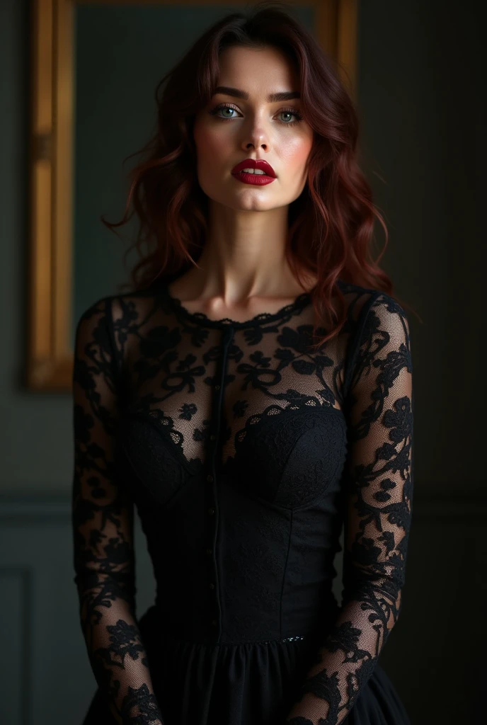 there is a woman with a black dress and a red lipstick, dressed in black lace, glamour portrait, lacey, portrait stunning, 4 k glamour photography, black lace, glamour photography, beautiful caitriona balfe, portrait sabrina lloyd, photoshoot portrait, high quality portrait photoshoot, full face and body portrait, dark and intricate, cait miers
