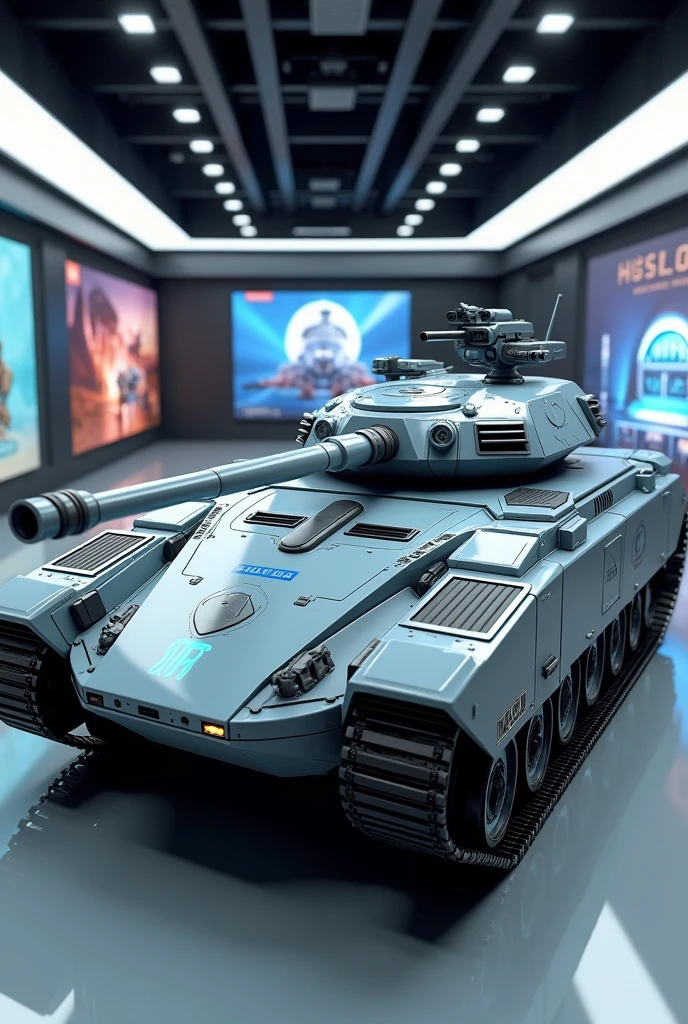 a highly detailed, photorealistic 3d cg concept art of a stylish futuristic tank on display in a manufacturer's showroom, a little smaller than a modern tank, with a low overall height and an unmanned turret giving it a sleek wedge-shaped design, equipped with a 130mm smoothbore cannon, a remote-controlled heavy machine gun on the turret, missile interceptors and radars, compactly packed with a Gatling gun linked to the missile interception system installed on the top of the turret, painted in a grey color with stylish sky blue patterns and the manufacturer's logo, running on tracks with rubber pads, the side skirts have a stylish corrugated design covering the idler wheels, stylish signs and advertising monitors in the showroom, showcasing the texture and beauty of a brand new tank in an oblique camera angle, (best quality,4k,8k,highres,masterpiece:1.5),ultra-detailed,ultra-fine painting,physically-based rendering,cinema lighting,super fine view