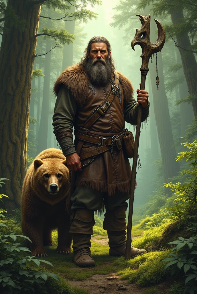 Male forest druid with a pet bear in leather clothing and wooden staff in the forest
