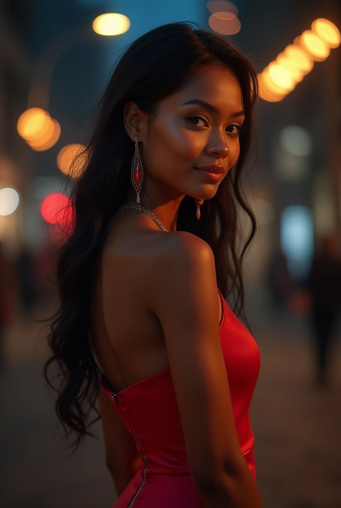 RAW, Best quality, high resolution, work: 1.3), Beautiful black woman (iu:0.8),8K, Masterpiece, RAW photo, Best quality, detail:1.2),Photorealistic, Extremely detailed Cg Unity 8K wallpapers, Depth of field, street light, Lens flare, Ray tracing, (Extremely beautiful face, Beautiful lips, Beautiful eyes), intricate detail face, ((ultra detailed skin)) 1 girl In a dark street, deepshadow, Pretty malay girl,(Very slim and slender muscular body:1.3), ((view the viewer)),(Big smile), big breast, (bodycon minidress),(red dress), (Injection sleeve) , (City Night, (street light), (Night), Pretty malay girl, red heels Earrings, bangle, necklace, Pantyhose, Clear eyes, Walking , (brown skin), Face forward, (Big eyes), ((full body shots)), tightly dress, Silk red dress , Turn Back, Back shot, Very slim, slander