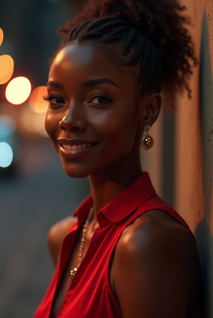 RAW, Best quality, high resolution, work: 1.3), Beautiful black woman (iu:0.8),8K, Masterpiece, RAW photo, Best quality, detail:1.2),Photorealistic, Extremely detailed Cg Unity 8K wallpapers, Depth of field, street light, Lens flare, Ray tracing, (Extremely beautiful face, Beautiful lips, Beautiful eyes), intricate detail face, ((ultra detailed skin)) 1 girl In a dark street, deepshadow, Pretty malay girl,(Very slim and slender muscular body:1.3), ((view the viewer)),(Big smile), big breast, (bodycon minidress),(red dress), (Injection sleeve) , (City Night, (street light), (Night), Pretty malay girl, red heels Earrings, bangle, necklace, Pantyhose, Clear eyes, Walking , (brown skin), Face forward, (Big eyes), ((full body shots)), tightly dress, Silk red dress , Turn Back, Back shot, Very slim, slander