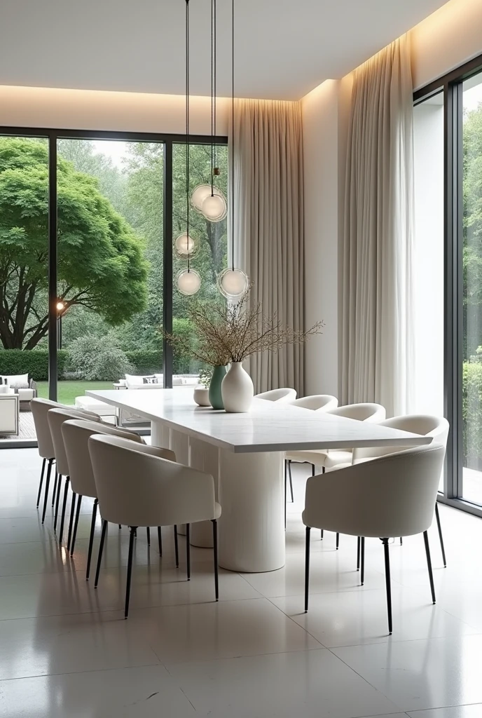 Professional 3d architecture rendering design of modern and minimal elegant white slab stone marble dining table and eight elegant velvet white chairs and elegant curtains and modern windows and modern green space and elegant and modern accessories