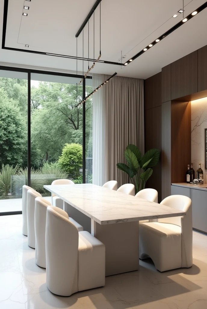 Professional 3d architecture rendering design of modern and minimal   elegant white  slab stone marble dining table and eight  elegant velvet white  chairs and  elegant curtains and modern windows and modern green space and elegant and modern accessories 