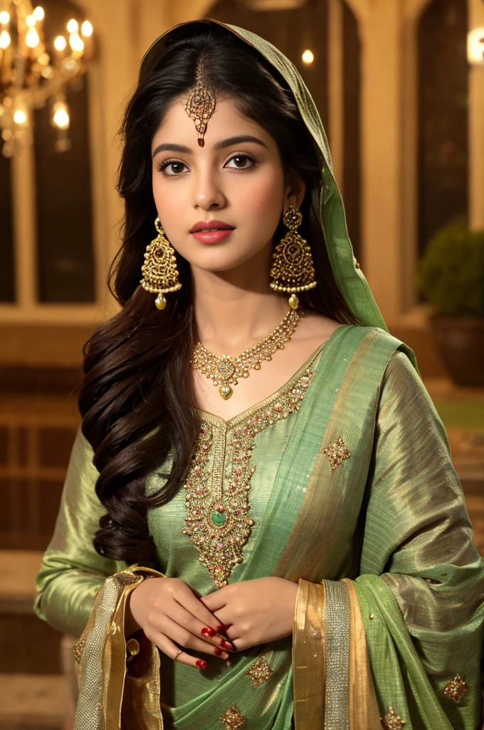 A milky pretty beautiful pakistani sajal ali is in the open courtyard, her beauty accentuated by the glow of chandelier lights in night time. she is in deep thoughts & lost in her own dream.Adorned in a red and dark green paithani her long black silky hair delicately frames her angelic face. Her eyes are green in colour.she is wearing silver oxidised jhumka earrings and chain