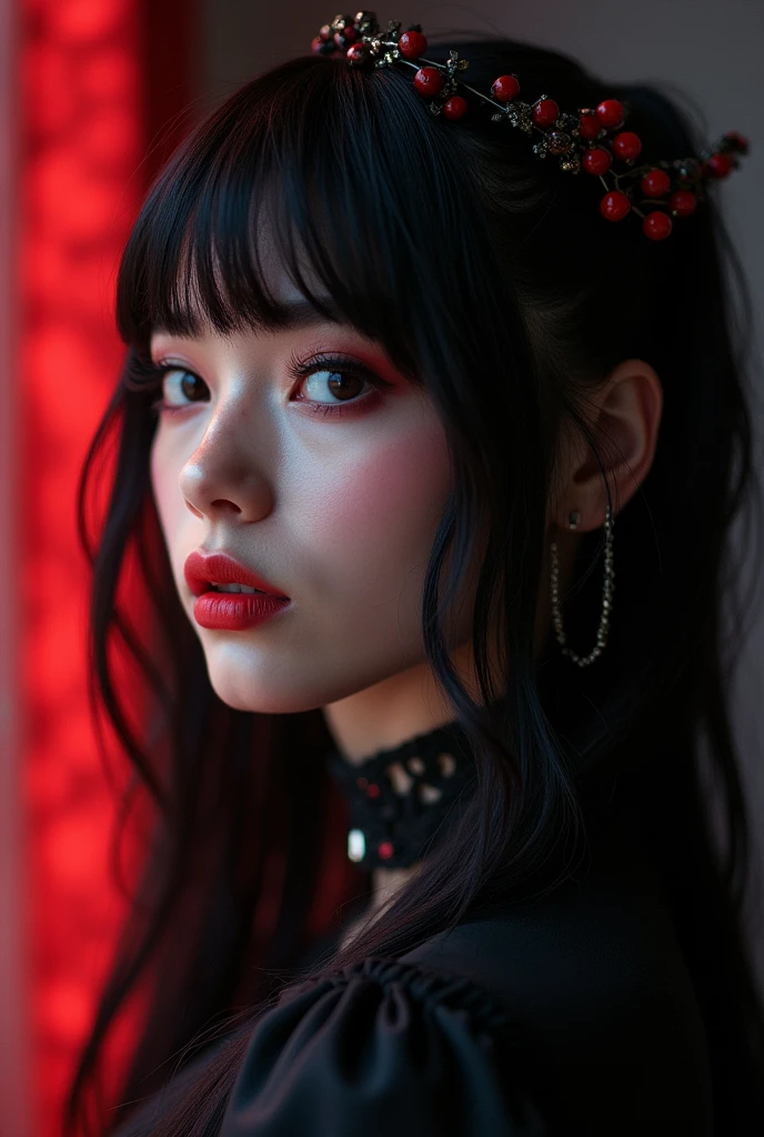 Highest quality、8k、masterpiece:1.3、Gothic Punk、The inside color is red、Black-haired、hair ornaments、Beautiful girl、creative、Dark Fantasy Style、Neogoth、Goth Fashion:1.2、High resolution、masterpiece、Highest quality、頭w:1.3、((Hasselblad Photos))、Fine skin、Sharp focus、(Cinematic lighting)、Realistic textured hair