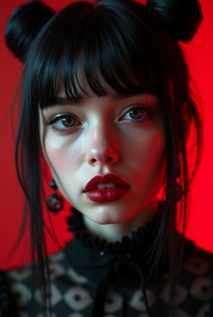 Highest quality、8k、masterpiece:1.3、Gothic Punk、The inside color is red、Black-haired、hair ornaments、Beautiful girl、creative、Dark Fantasy Style、Neogoth、Goth Fashion:1.2、High resolution、masterpiece、Highest quality、頭w:1.3、((Hasselblad Photos))、Fine skin、Sharp focus、(Cinematic lighting)、Realistic textured hair