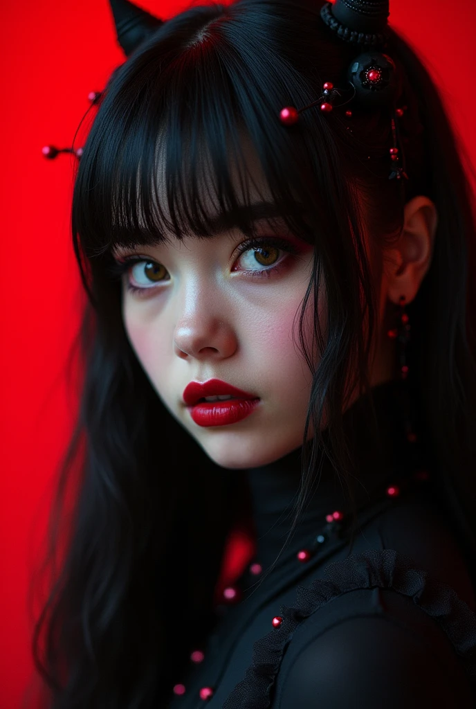 Highest quality、8k、masterpiece：1.3、Gothic Punk、The inside color is red、Black-haired、hair ornaments、Beautiful girl、creative、Dark Fantasy Style、Neogoth、Goth Fashion：1.2、High resolution、masterpiece、Highest quality、頭w:1.3、((Hasselblad Photos))、Fine skin、Sharp focus、(Cinematic lighting)、Realistic textured hair