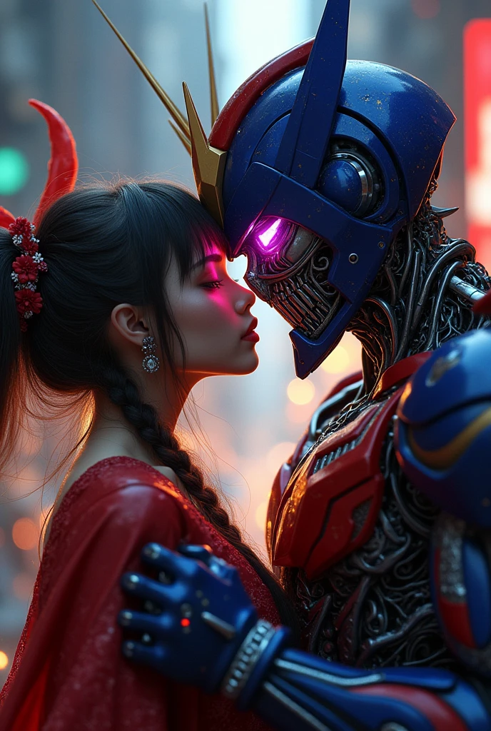 optimus prime and rem, kissing, highly detailed, intricate, photorealistic, 8k, hyperrealistic, cinematic lighting, dramatic composition, stunning colors, vibrant palette, exquisite textures, sharp focus, masterpiece, epic, captivating, emotive, intense, romantic, passionate, beautiful